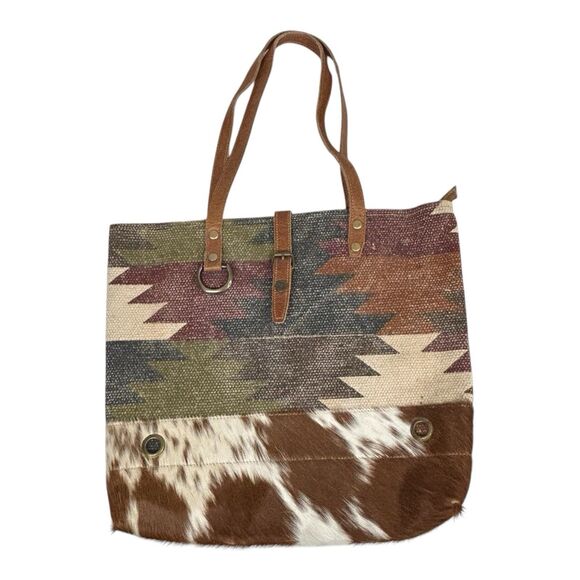 Myra Canvas & Cowhide Leather Tote Southwest Aztec Double Shoulder Strap Western - Picture 1 of 16